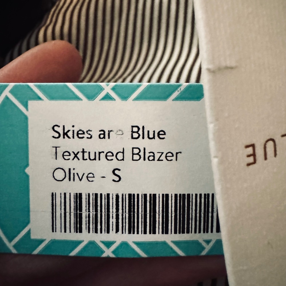 NWT Skies Are Blue Olive Green Textured Blazer OpenFront Striped Cuff Sz Small - Picture 8 of 8
